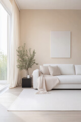 Modern neutral living room with minimalist decor and natural light streaming in
