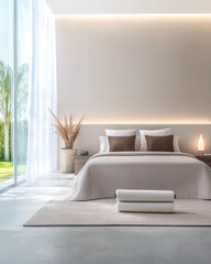 Elegant modern bedroom with natural light and serene decor in a tranquil setting