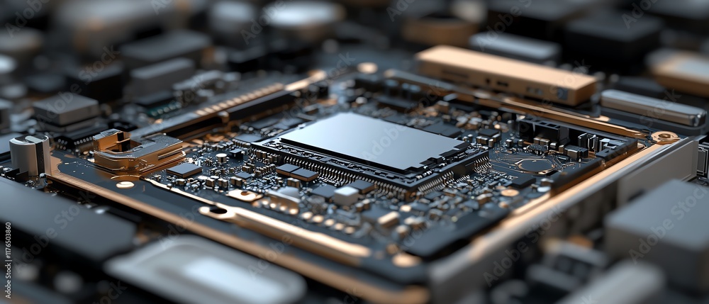 Poster Highresolution closeup of a mobile phone s internal electronic chip and CPU from a disassembled device, perfect for technology service and repair promotions