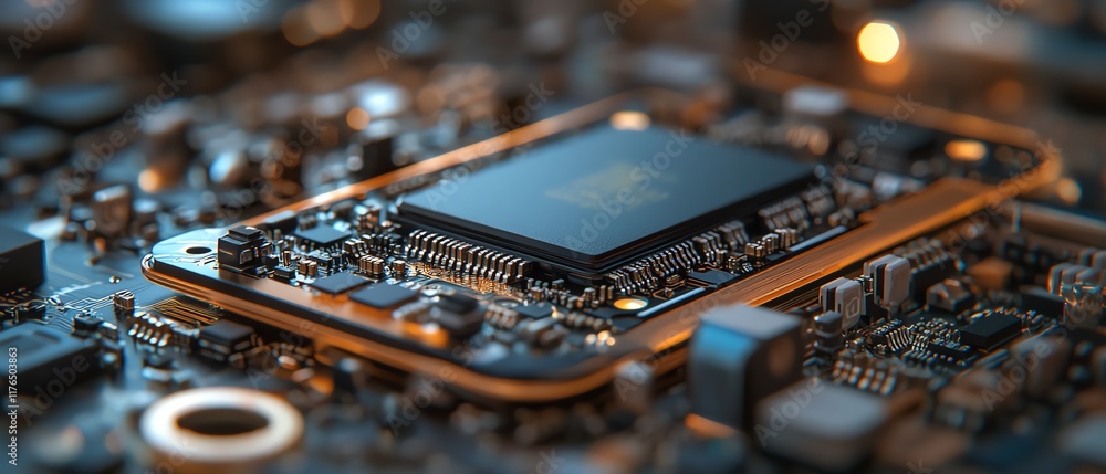Poster Highresolution closeup of a mobile phone s internal electronic chip and CPU from a disassembled device, perfect for technology service and repair promotions