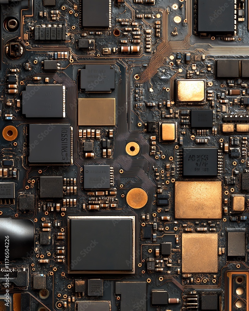 Poster Macro view of a mobile phone s CPU and electronic chip, showing intricate details from a disassembled phone, perfect for tech maintenance and repair banners