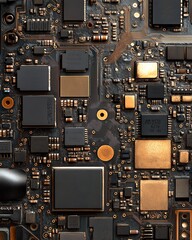 Fototapeta premium Macro view of a mobile phone s CPU and electronic chip, showing intricate details from a disassembled phone, perfect for tech maintenance and repair banners