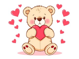 Obraz premium Cute Teddy Bear Holding a Heart, Valentine's Day Illustration. AI Generated