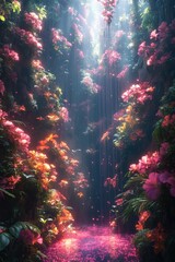 Naklejka premium Luminous pink flowers, glowing stream, enchanted forest.