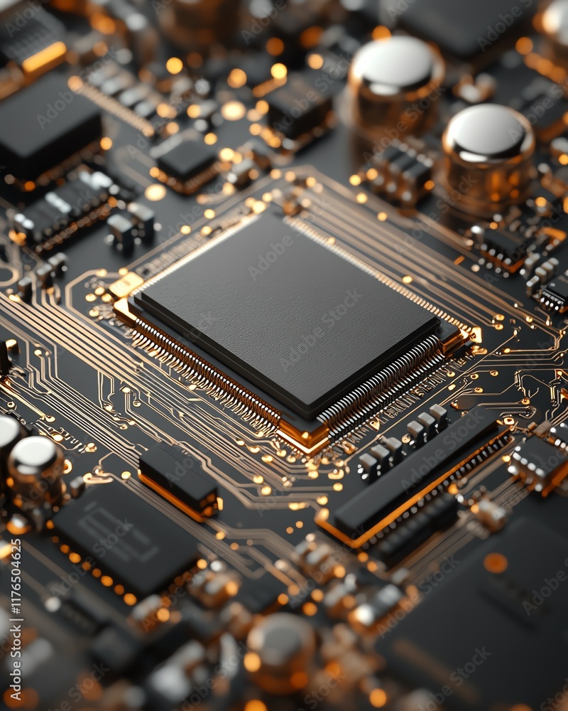 Poster Mobile phone CPU and electronic chip from a disassembled device, with clear focus on the processor, ideal for tech maintenance and repair illustrations