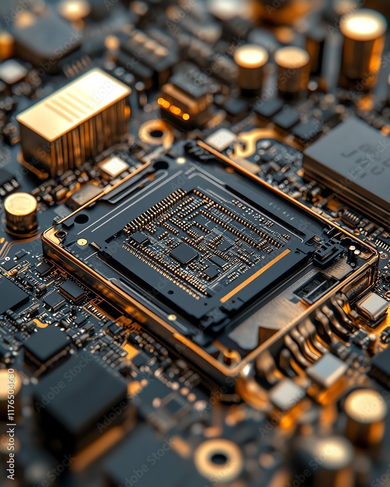 Poster Mobile phone CPU and electronic chip from a disassembled device, with clear focus on the processor, ideal for tech maintenance and repair illustrations