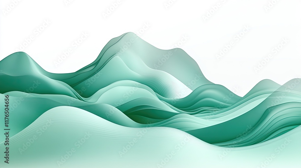 Poster abstract overlapping layers of green light waves flowing in a fluid and futuristic design.