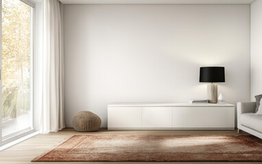 Modern living room with minimalist furniture and natural light