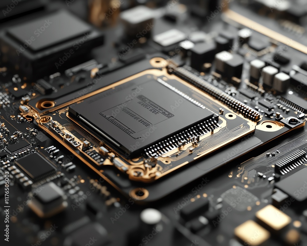 Poster 3D render of a disassembled mobile phone with a focus on the CPU and electronic chip, emphasizing technology repair and mobile device maintenance