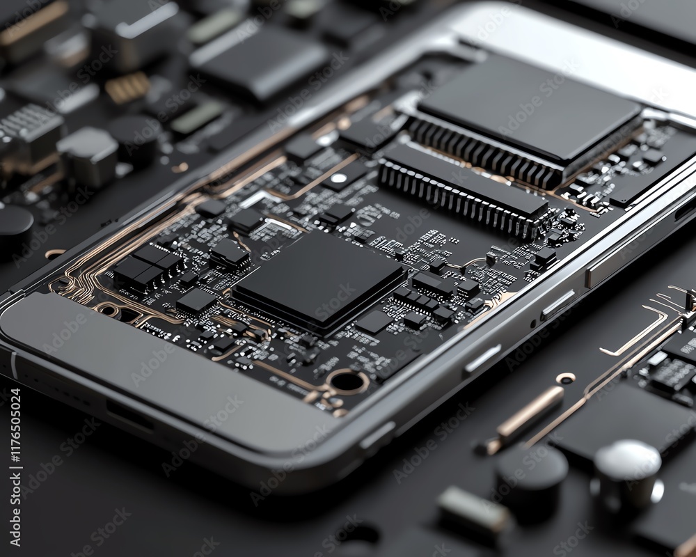 Poster 3D render of a disassembled mobile phone with a focus on the CPU and electronic chip, emphasizing technology repair and mobile device maintenance