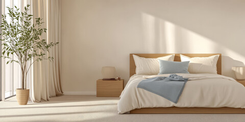 Bright and airy bedroom with modern decor and natural light in a calm atmosphere