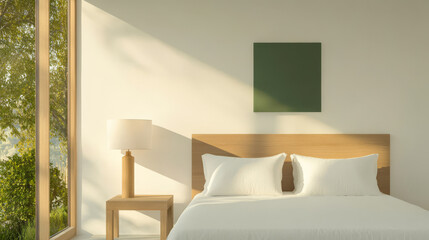 Modern bedroom design with natural lighting and minimalistic decor in a serene environment