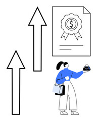Woman holding cash and shopping bags, two upward arrows, dollar certificate. Ideal for financial success, investment, shopping, economic growth, achievement wealth motivation. Abstract line flat