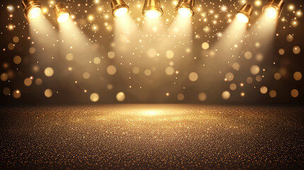 Golden stage with sparkling lights and bokeh effect creates magical atmosphere