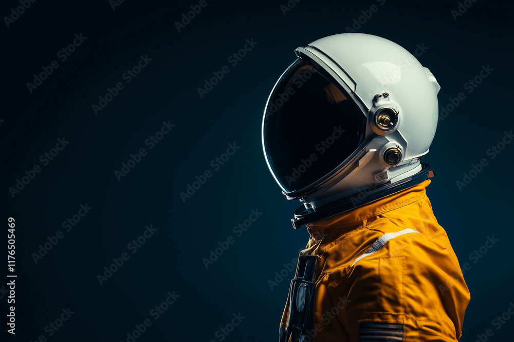 Aufkleber man in a yellow spacesuit is standing in front of a blue background. concept of adventure and explor