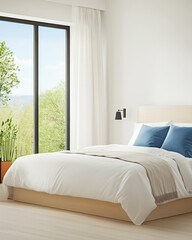 Modern bedroom with large windows overlooking greenery and natural light
