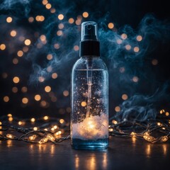 A face mist bottle surrounded by misty clouds and glowing fairy lights.