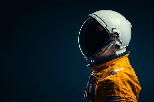 man in a yellow spacesuit is standing in front of a blue background. Concept of adventure and exploration, as the man is likely an astronaut preparing for a mission