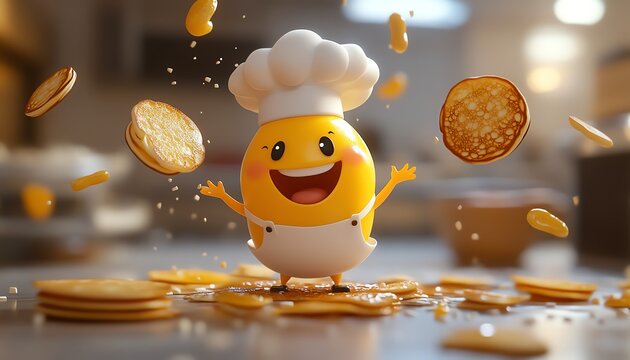 Cute 3D egg character with a chefs hat and apron, playfully tossing pancakes in the air, ideal for food marketing and bakery themes