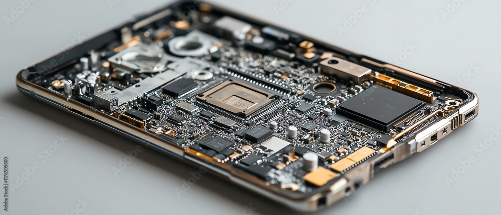 Poster detailed view of a mobile phone s disassembled electronic chip and cpu, showcasing the processor and