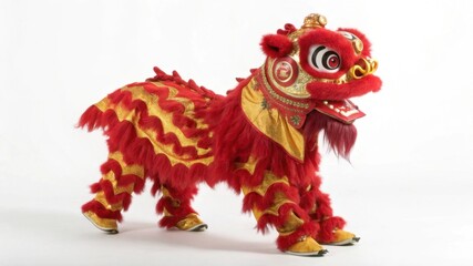 A vibrant red lion dance costume features intricate details and traditional designs, symbolizing good luck and prosperity in celebrations.