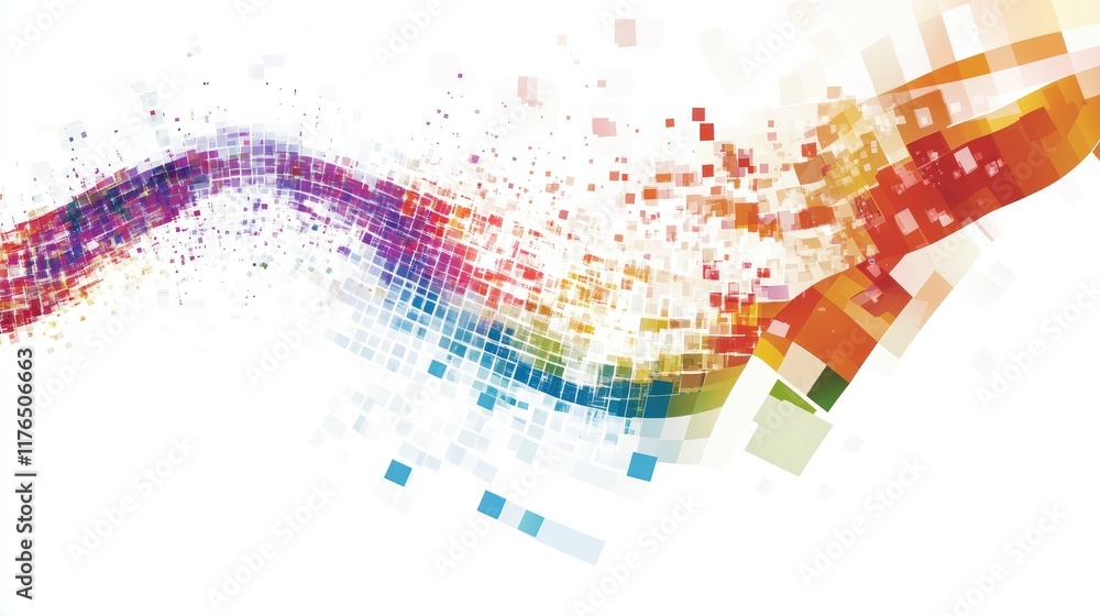Poster a colorful abstract concept with digital pixels forming a wave pattern, leaving clear space for a co