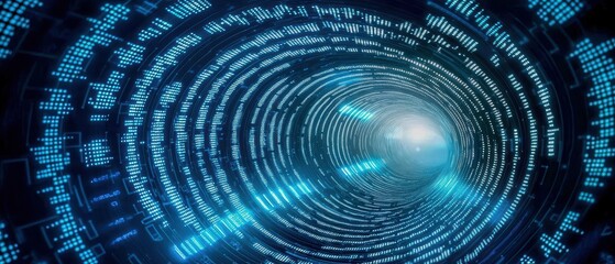 A digital tunnel of binary data spirals towards a luminous center, symbolizing technology and the flow of information.