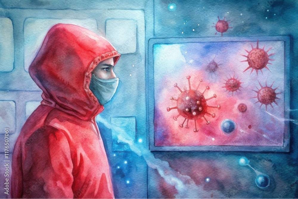 Poster a person in a red hooded jacket observes a digital display showing colorful virus-like structures, s