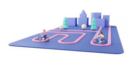 A colorful 3D scene of a bike path in a city with two cyclists, trees, and a backdrop of stylized buildings.