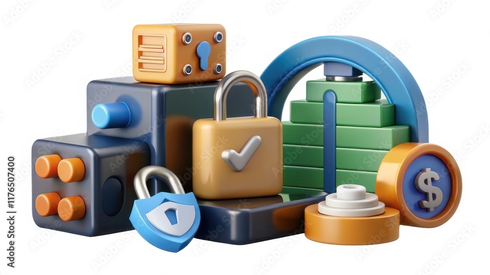 Poster a colorful collection of 3d blocks and shapes, representing security, finance, and growth concepts i