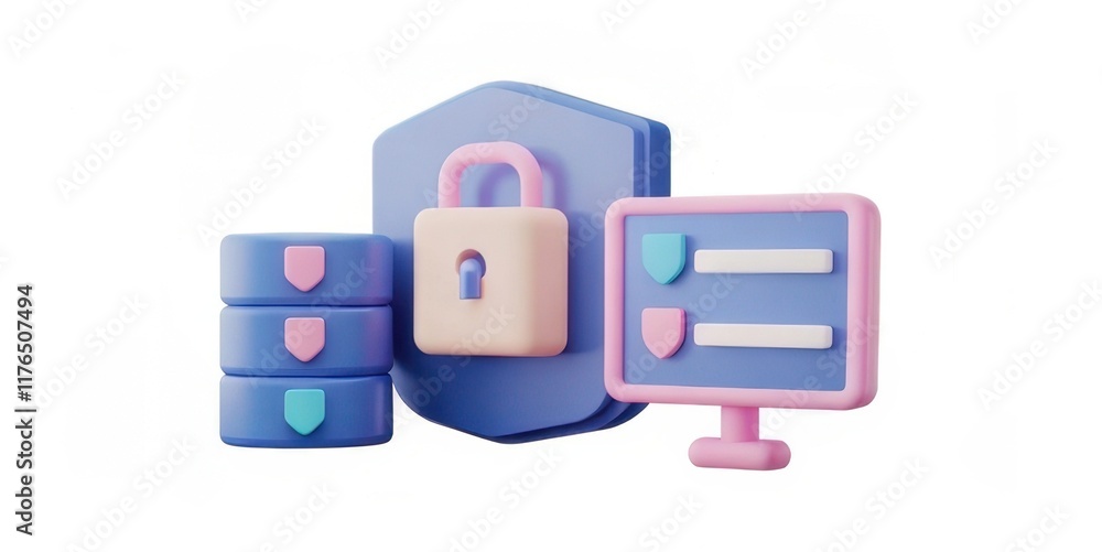 Poster a stylized illustration of secure data management, featuring a lock, servers, and a monitor, emphasi