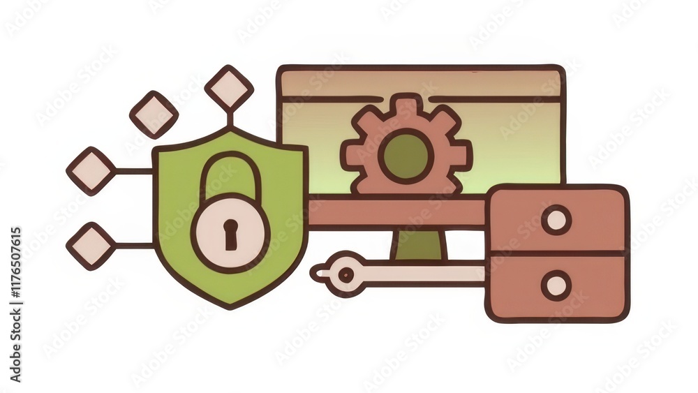 Poster a computer monitor with a gear, padlock, and shield symbolizes cybersecurity and data protection.