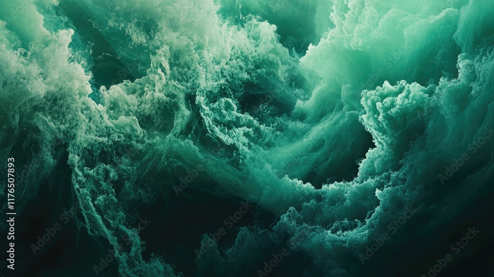 Poster a swirl of vibrant green smoke blending into a dark background, creating a dynamic and mysterious ab