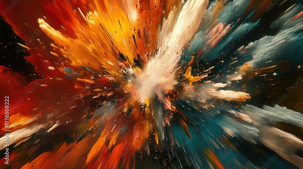Poster a vibrant and energetic abstract wallpaper with splashes of color forming chaotic patterns, leaving 