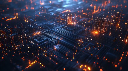 Vibrant digital landscape of interconnected lights and shapes showcasing technological innovation

