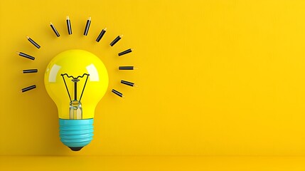 A vibrant yellow lightbulb with a teal blue base is centrally positioned against a bright yellow background.