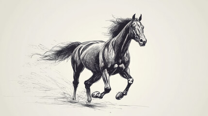 Purebred horse head sketch. Black racehorse of arabian breed. Powerful stallion for horse racing symbol or equestrian sporting themes design