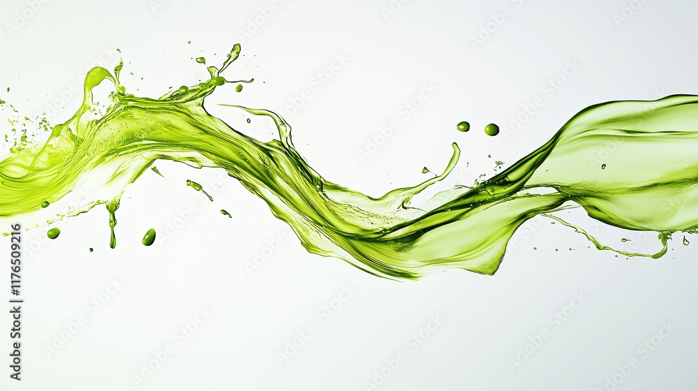 Poster dynamic splashes of green paint forming abstract shapes against a light background. open and creativ
