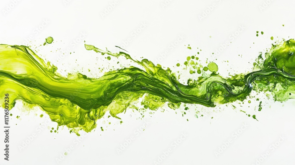Poster dynamic splashes of green paint forming abstract shapes against a light background. open and creativ