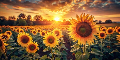 Fototapeta premium Vintage Sunflowers: Golden Fields at Sunset - Rustic Summer Stock Photo