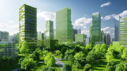 Fototapeta premium Dynamic green urban layout featuring eco-friendly skyscrapers, urban forests, and renewable energy systems seamlessly integrated.