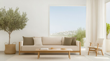 Modern living room with natural light and olive tree in calming interior design