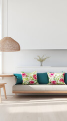 Bright and airy living room featuring floral cushions and natural decor