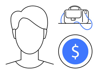 Faceless outline of a person next to a briefcase and a coin with a dollar sign. Ideal for business, finance, professional identity, corporate branding, investment themes, financial planning, career