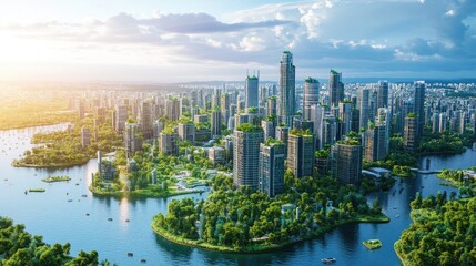 Obraz premium Futuristic eco-friendly city with water features, urban forests, and green-powered skyscrapers promoting harmony with nature.