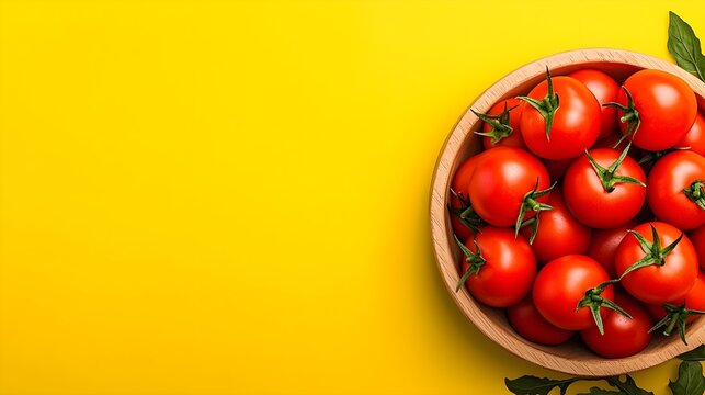 Close-up of a wooden bowl filled with ripe, red tomatoes.