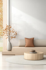 Cozy interior with minimalistic design featuring natural elements and warm tones