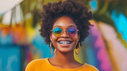 A contented black adolescent girl with bright, colorful braces on her healthy, white teeth. Pediatric dentistry concept.