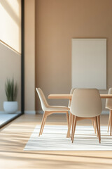 Modern dining area with natural light and minimalist decor in a warm-toned space