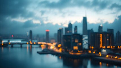 Obraz premium Blur Twilight over a bustling city skyline, reflecting on a calm river.